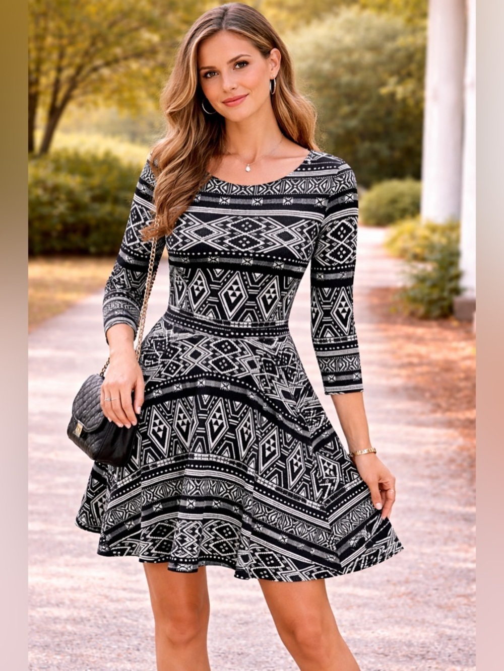 H&M Black and White Aztec 3/4 Long Sleeve Fit-and-Flare Dress